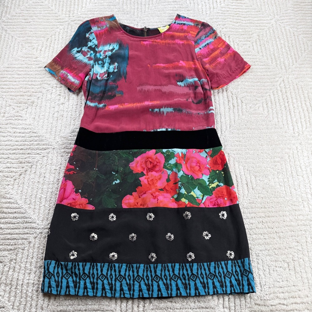 Tracy Reese Silk Mini Dress Womens 2 Mixed Floral Abstract Velvet Art Deco Boho